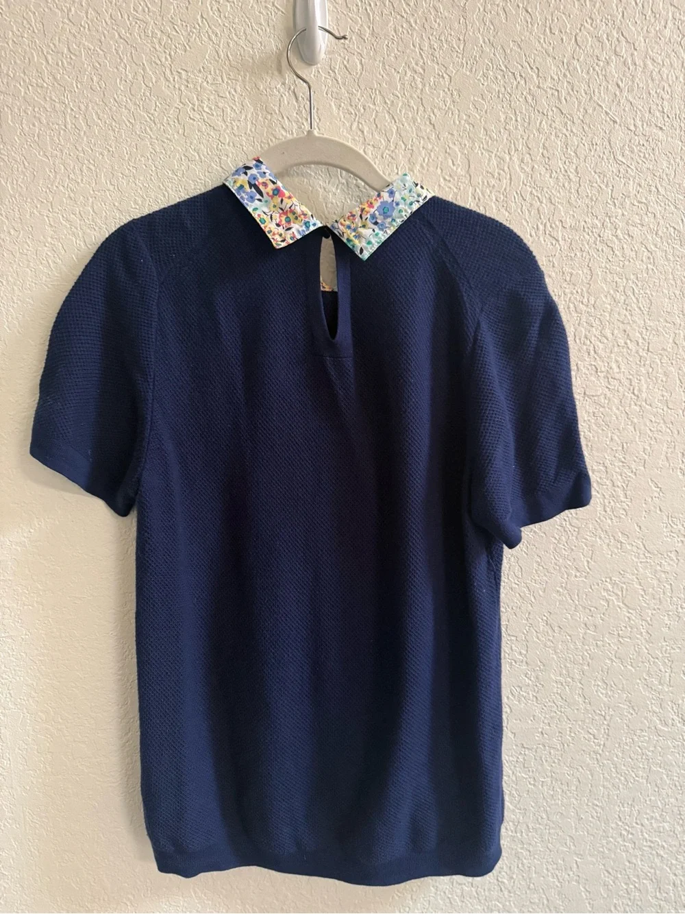 J. Crew Navy Knit Top with Multicolor Floral Collar